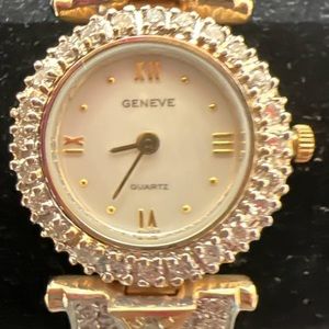 Geneve 14K Gold Case Women's Watch  Round Diamonds 4-Sapphire Cabachon Accent 7"